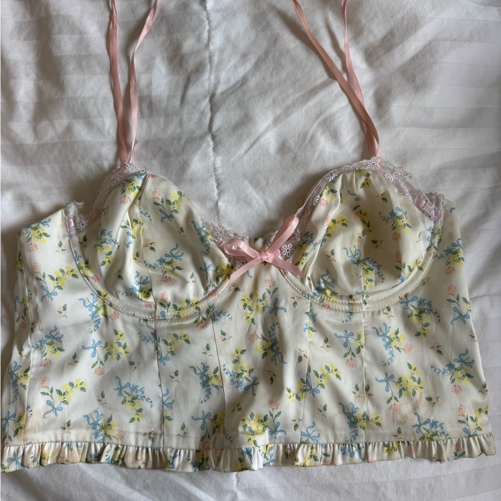 For Love And Lemons Floral Lace Bralette - Cream and Pink